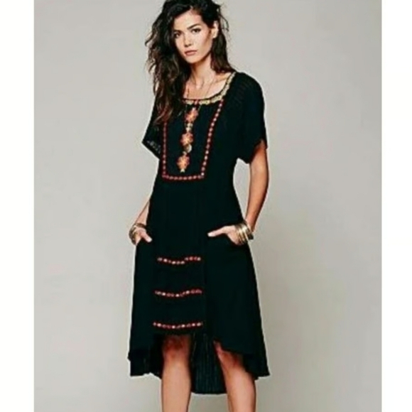 Free People Boho Embroidered Midi Dress Size L Black Harvest Festival Folk - Picture 10 of 10